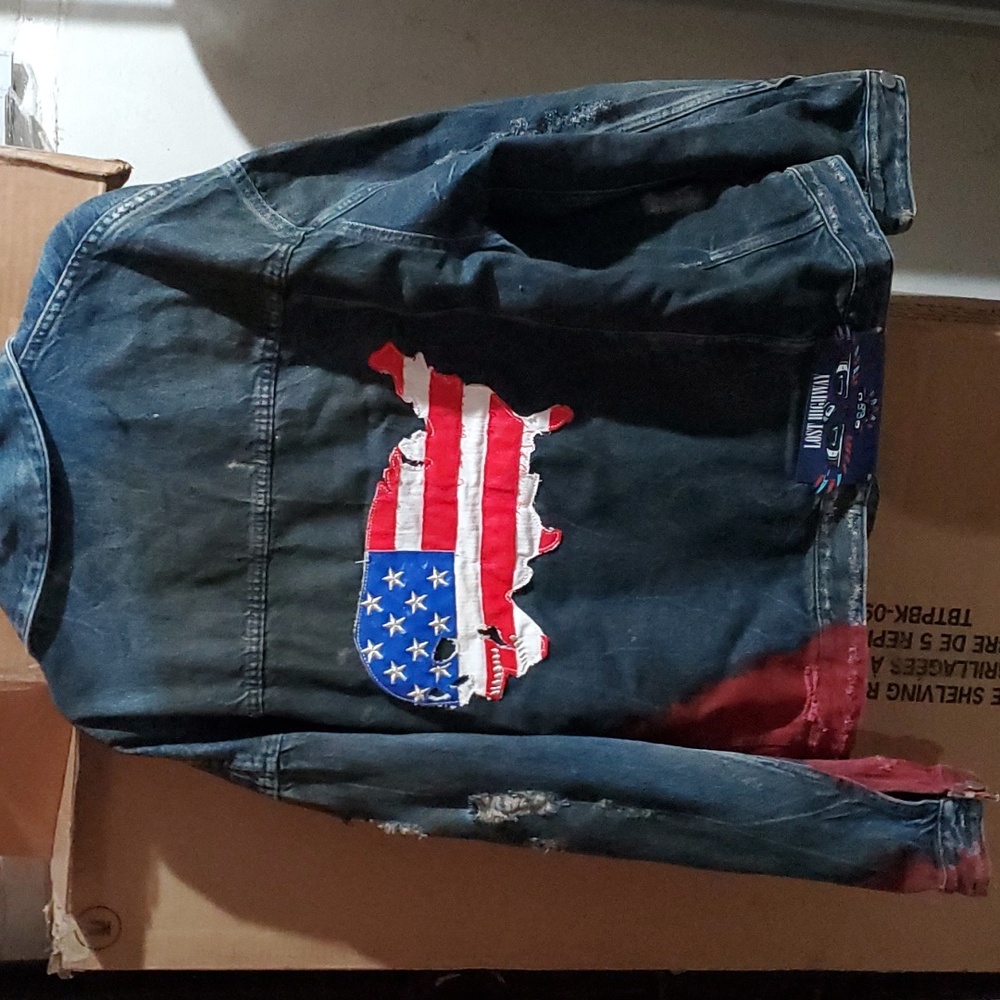 Sz XXL $1995 Alchemist denim jacket with flag on the back